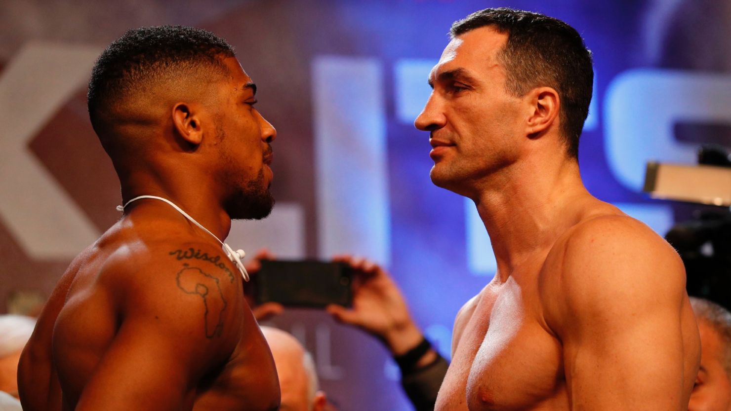Anthony Joshua and Wladimir Klitschko square up during Friday's weigh-in.
