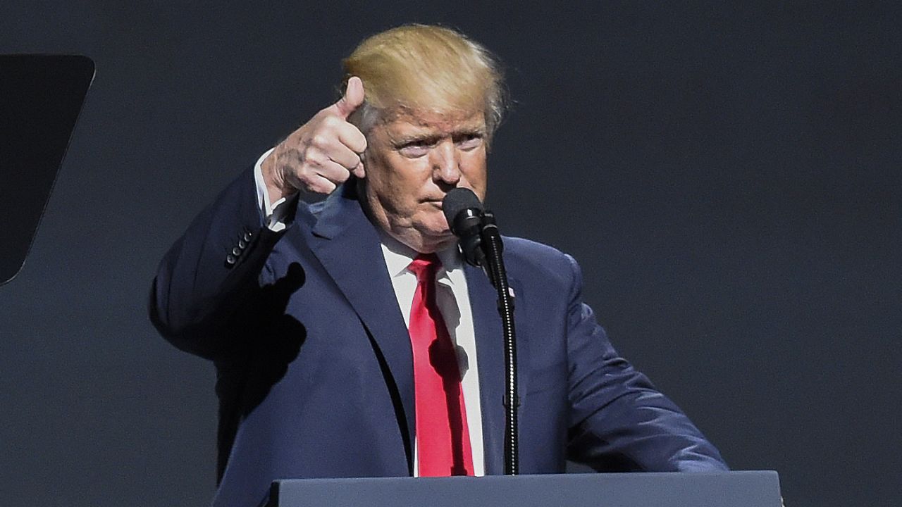 President Donald Trump gives a thumbs-up as speaks at the National Rifle Association-ILA Leadership Forum, Friday, April 28, 2017, in Atlanta. The NRA is holding its 146th annual meetings and exhibits forum at the Georgia World Congress Center. (AP Photo/Mike Stewart)