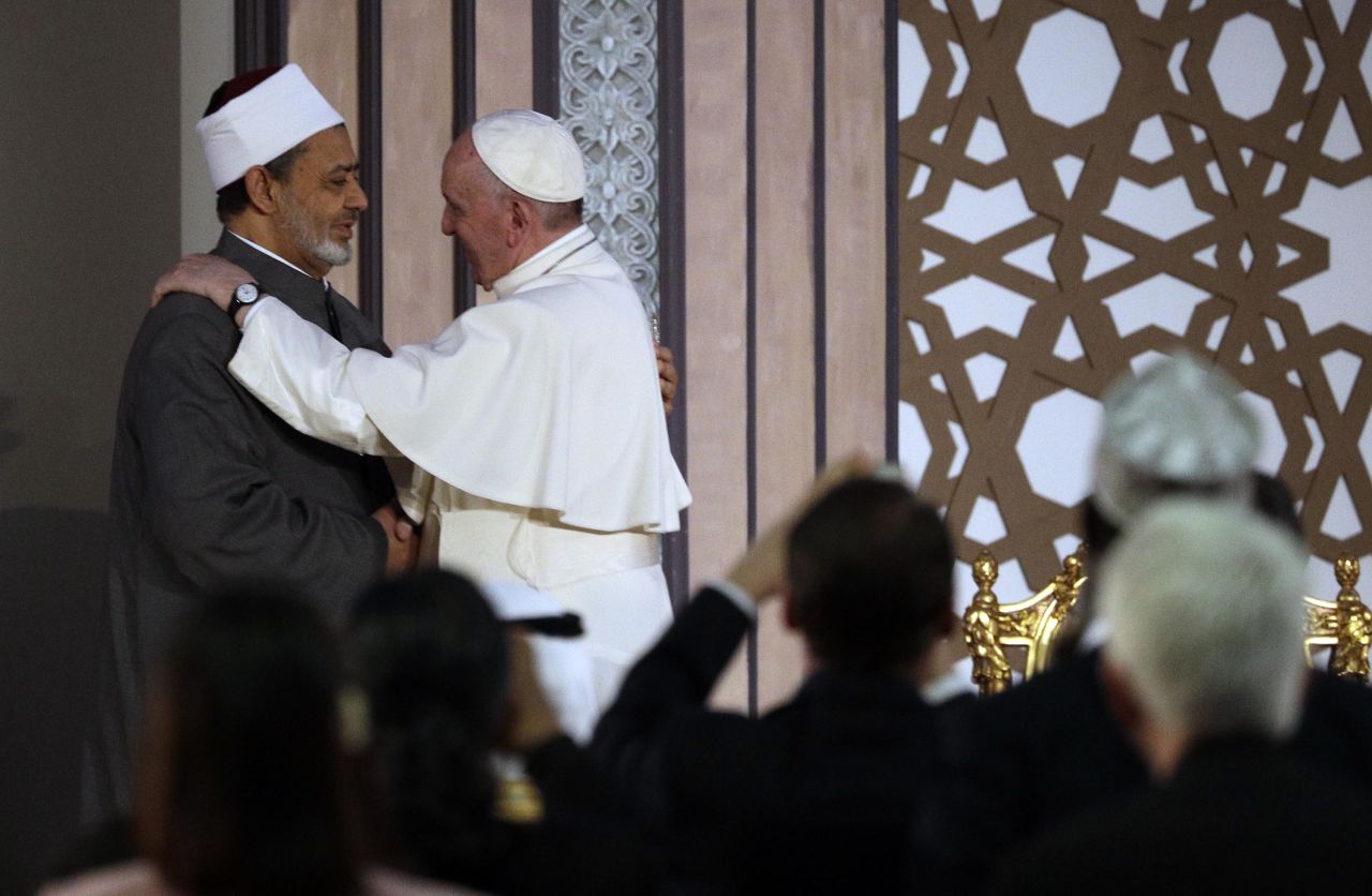 The Pope greets Sheikh Ahmed el-Tayeb, the grand imam of the Al-Azhar mosque in Cairo, on April 28.