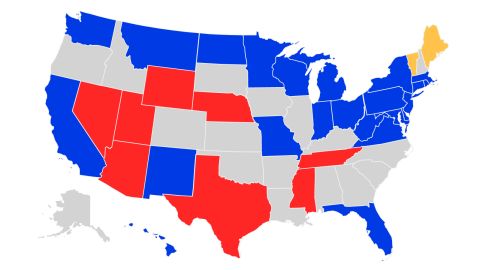 States up for re-election -- Blue: Democratic. Red: Republican. Yellow: Independent.