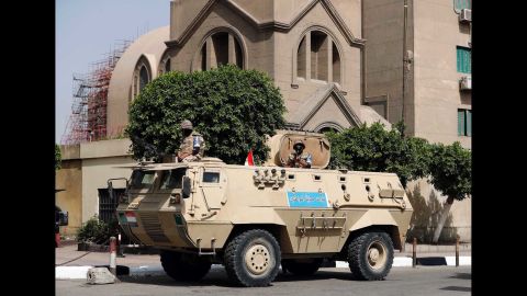 An Egyptian army vehicle is stationed outside of St. Mark's Cathedral in central Cairo. The Pope's visit comes nearly three weeks after the Palm Sunday bombing of two Coptic churches, brazen strikes that left at least 45 people dead.