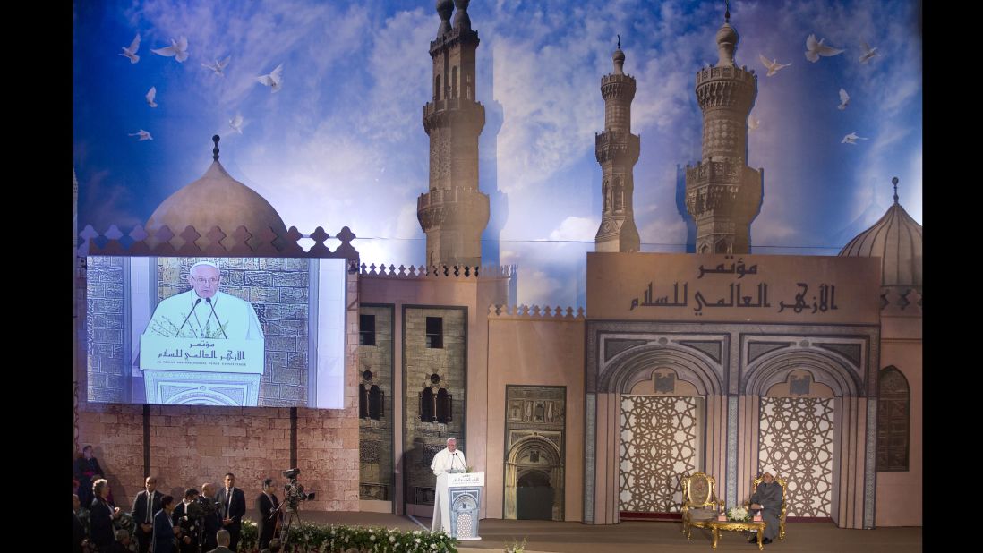 Pope Francis addresses a peace conference at Al-Azhar, a prestigious institute of Islamic learning in the Sunni Muslim world. Francis stressed the importance of Muslim-Christian unity to shape world peace, and he emphasized the "incompatibility of violence and faith."