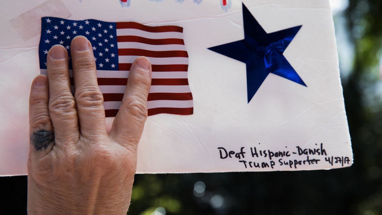 A Donald Trump supporter takes part in a pro-Trump rally in Berkeley, California, on Thursday, April 27. People at the rally protested <a href="http://www.cnn.com/2017/04/26/us/ann-coulter-berkeley-speech-canceled/index.html" target="_blank">the cancellation of a speech</a> that conservative commentator Ann Coulter was going to give on the campus of the University of California-Berkeley. Student groups who wanted Coulter to speak said their First Amendment rights were being infringed. A university spokesman said the group organizing the speech didn't follow proper procedure.