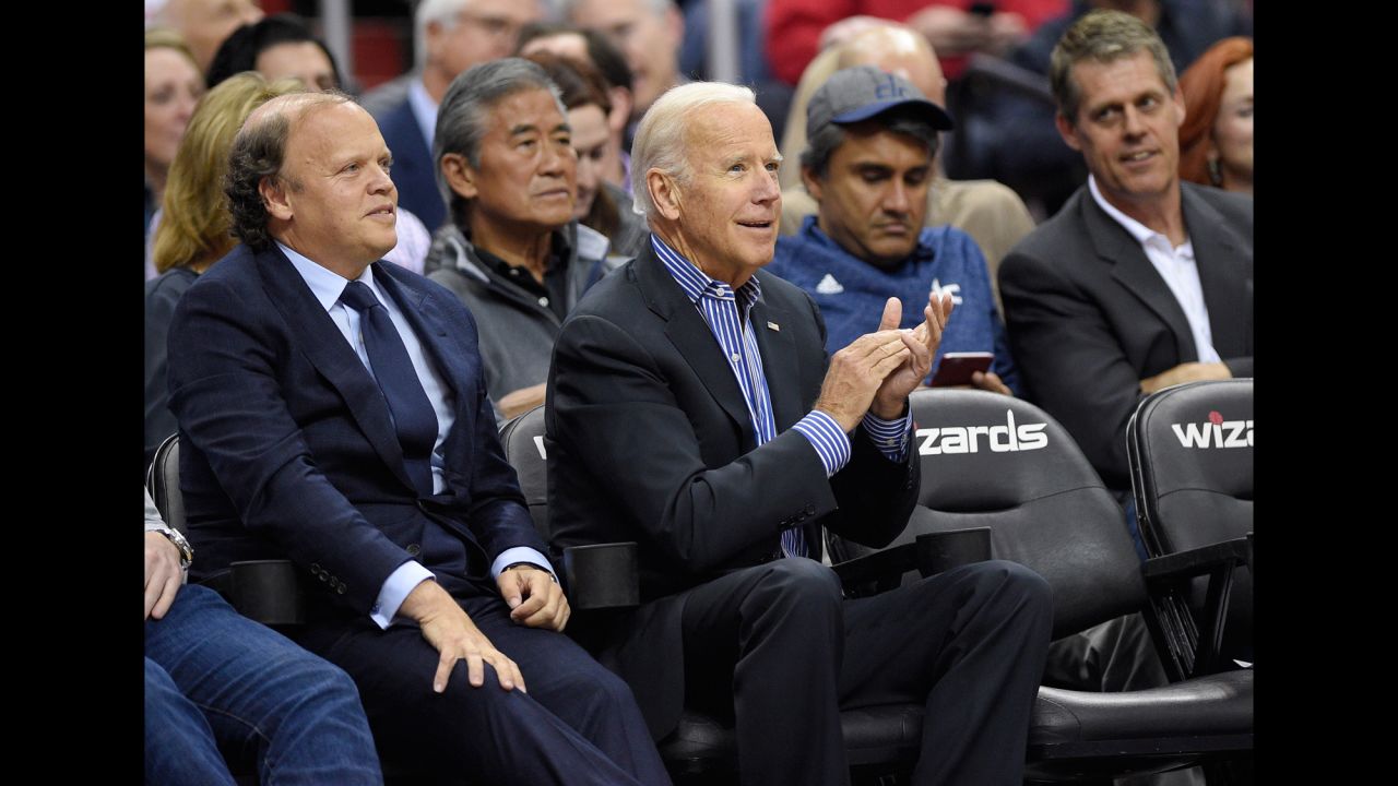 Former Vice President Joe Biden watches an NBA playoff game in Washington on Wednesday, April 26.