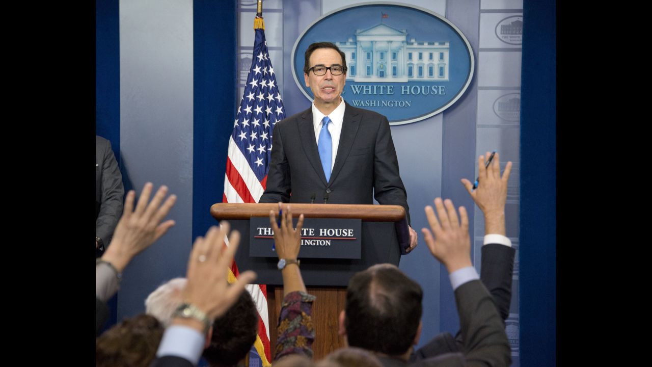 Steven Mnuchin, the secretary of the treasury, briefs White House reporters about budget negotiations on Monday, April 24. He said President Trump's <a href="http://money.cnn.com/2017/04/24/news/economy/trump-tax-cuts-growth/" target="_blank">plan to cut taxes</a> "will pay for itself with economic growth."