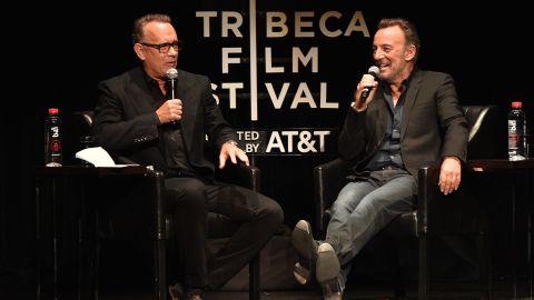 Tom Hanks and Bruce Springsteen speak on stage during Tribeca Talks.