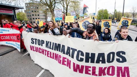 People protest in Amsterdam.