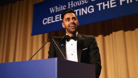 Minhaj speaks on stage during 2017 White House Correspondents' Association Dinner in 2017.