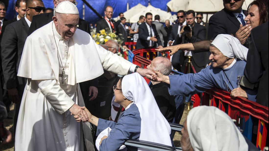 Pope Francis visits the The Coptic Catholic College in Cairo, Egypt, on April 29. Francis made <a href="http://www.cnn.com/2017/04/28/africa/egypt-pope-visit/" target="_blank">a two-day trip to Egypt</a> to forge Muslim-Christian brotherhood and show solidarity with the country's persecuted Coptic Christian minority.
