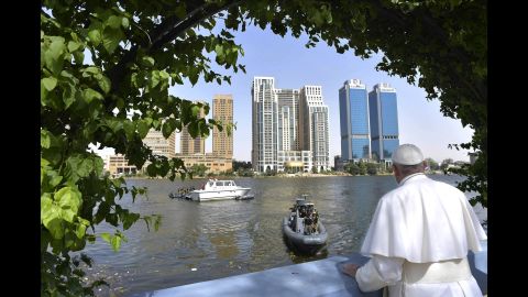 Pope Francis looks over the Nile from a terrace during a meeting with clergy and religious leaders in Cairo.