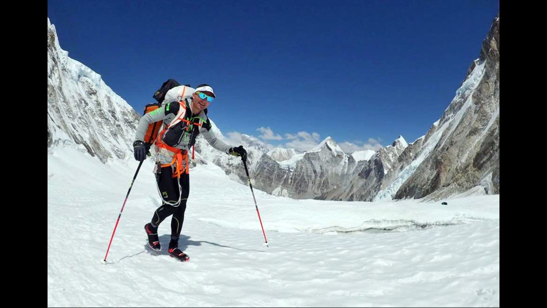 Steck on April 24 in the Himalayas prepares himself for an ascent of Mount Everest. 