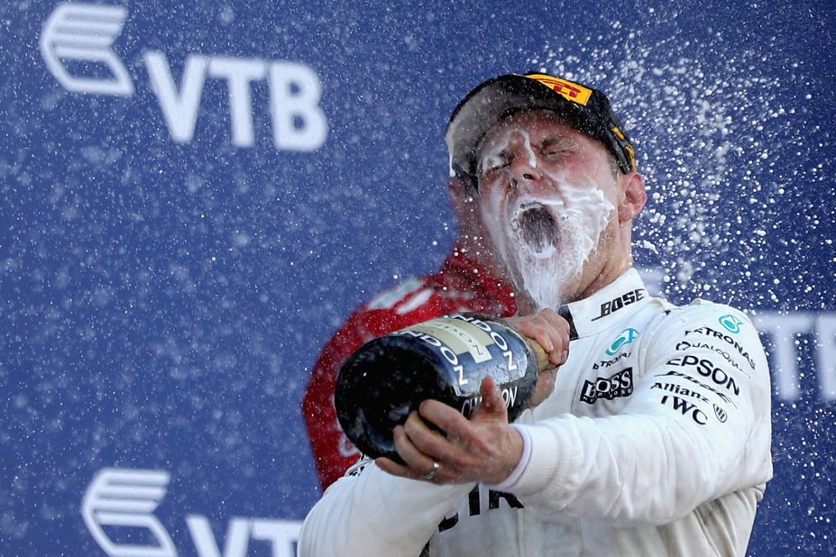 Champagne moment: Bottas won his first F1 race at the Russian Grand Prix.