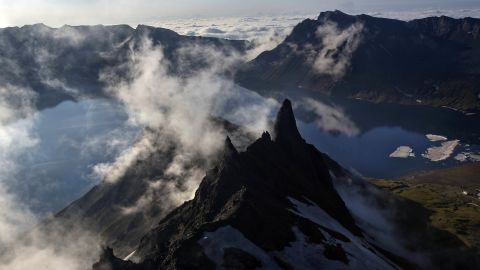 Clouds float over the peak of Mt. Paektu in North Korea's Ryanggang province in June 2014.