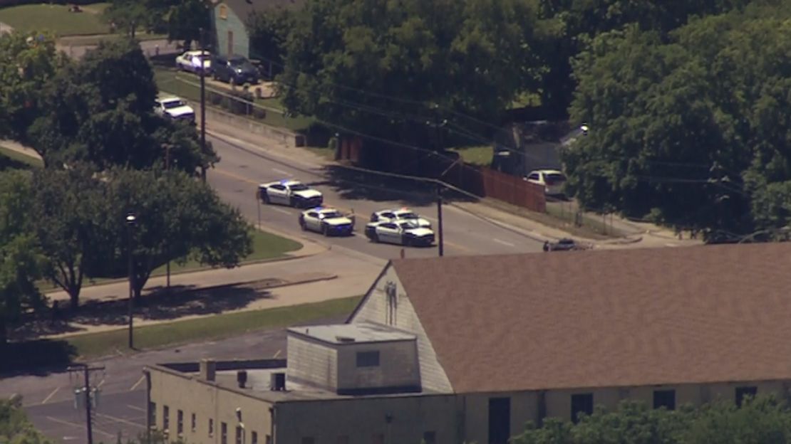 An aerial view of authorities responding to an active shooter scene in Dallas.