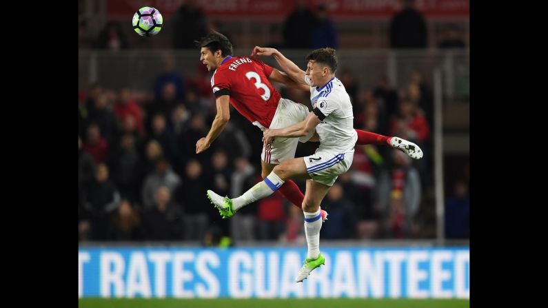 Middlesbrough's George Friend and Sunderland's Billy Jones compete for a ball during a Premier League match in Middlesbrough, England, on Wednesday, April 26. 