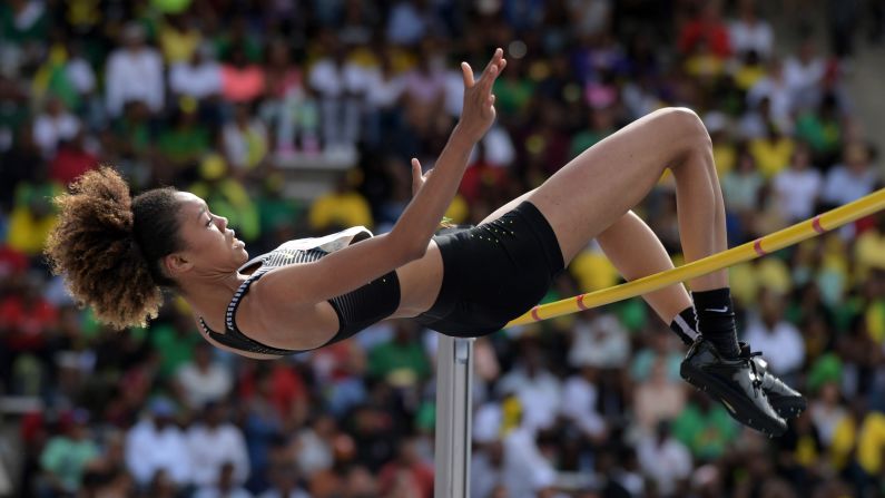 High jumper Vashti Cunningham, daughter of former NFL star Randall Cunningham, clears the bar at the Penn Relays in Philadelphia on Saturday, April 29. She finished first in the Olympic Development category.