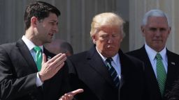 U.S. President Donald Trump (C), House Speaker Paul Ryan (R-WI) (L) and Vice President Mike Pence walk down the House east front steps after the annual Friends of Ireland luncheon at the Capitol March 16, 2017 in Washington, DC. Irish Taoisech Enda Kenny is in Washington to celebrate St. Patrick's Day.  (Photo by Alex Wong/Getty Images)