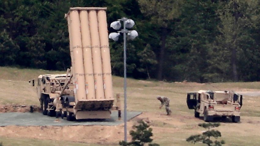 A U.S. missile defense system called Terminal High Altitude Area Defense, or THAAD, is installed at a golf course in Seongju, South Korea, Tuesday, May 2, 2017. The contentious U.S. anti-missile system in southeastern South Korea is now operating and can now defend against North Korean missiles, a South Korean official said Tuesday. (Kim Jun-beom/Yonhap via AP)