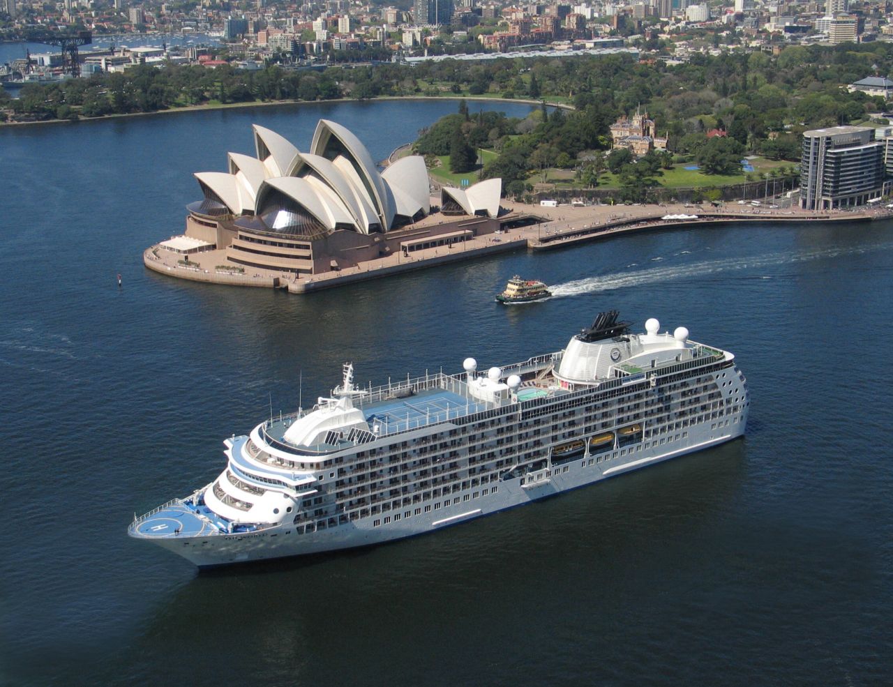 This year, The World has already sailed to Australia and New Zealand, as well islands across the Southern Hemisphere. It is pictured here in Sydney Harbor.