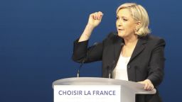 French presidential election candidate for the far-right Front National (FN) party Marine Le Pen delivers a speech during a meeting at the Parc des Expositions in Villepinte, on May 1, 2017. / AFP PHOTO / joel SAGET        (Photo credit should read JOEL SAGET/AFP/Getty Images)