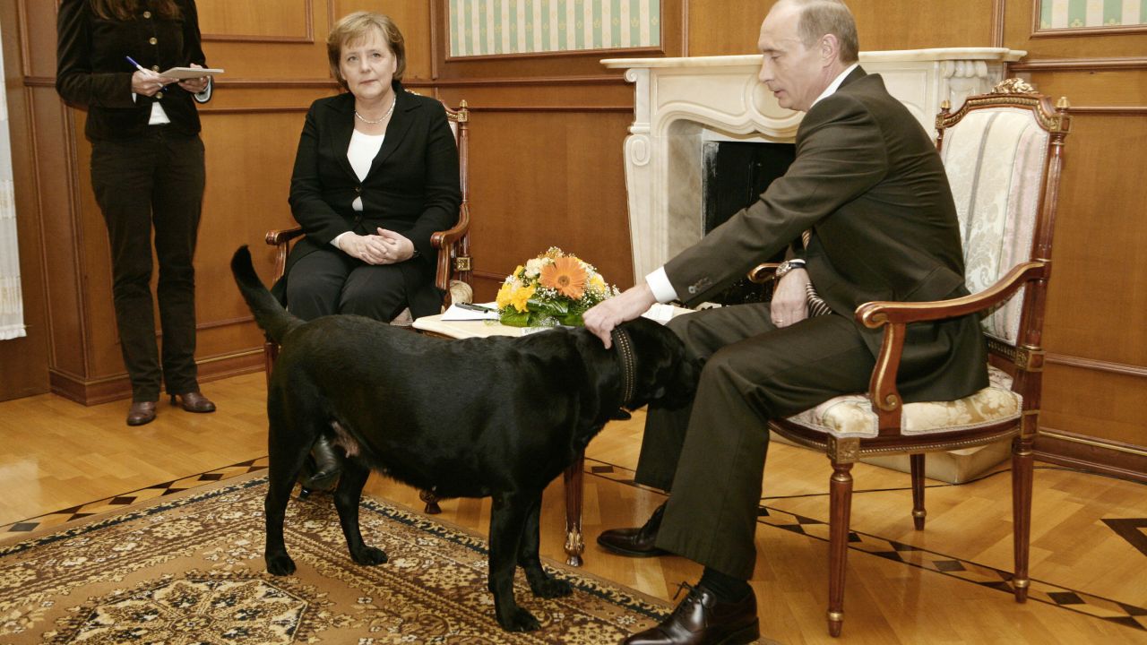 Putin (R) pats his dog Koni in Merkel's presence, in Sochi on January 21, 2007.