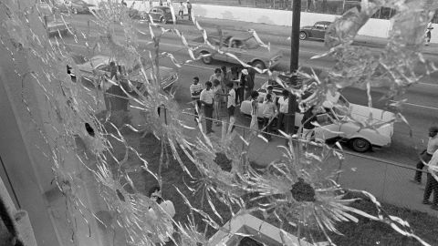 The bullet-riddled windows of Alexander Hall, a women's dormitory at Jackson State College.