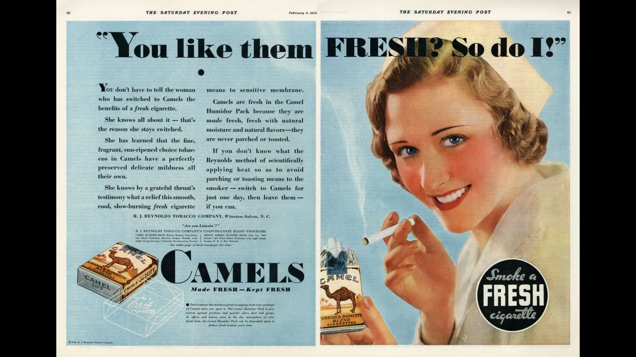 In the early 1900s, women began picking up smoking habits -- and consequently, nurses were used to promote the benefits of particular cigarettes. That would soon become common in the world of tobacco advertising. This ad for Camel cigarettes was released in 1932.