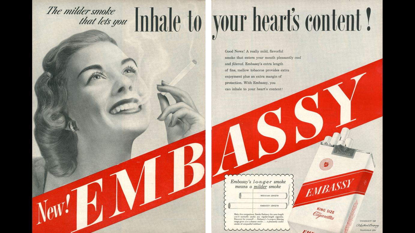 This ad claims that the longer length of the cigarette reduces health dangers since it would take more time for the smoke to reach the smoker's lungs, allowing more filtering of toxins.<br /><br />"In 1950, the Federal Trade Commission (FTC) investigators had decided that king-size cigarettes, like Embassy, contained 'more tobacco and therefore more harmful substances' than are found in an ordinary cigarette," SRITA said.