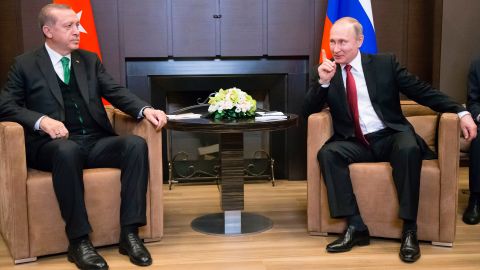 Recep Tayyip Erdogan (L) meets with Vladimir Putin in Sochi on Wednesday.