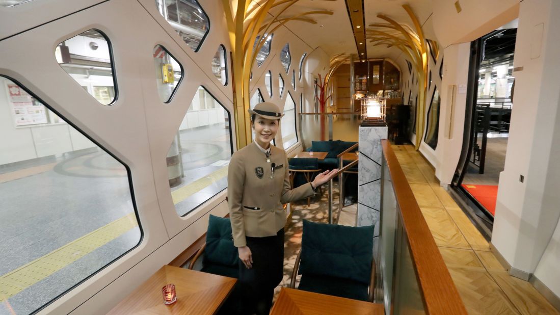 <strong>The lounge:</strong> The train is designed by Ken Okuyama, best known for his work with Porsche, Ferrari and Maserati. JR East says the decoration of the lounge evokes "a quiet forest." 