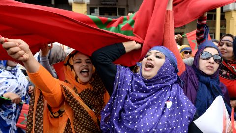 Moroccan women shout slogans during a protest calling for gender equality as they mark International women's day in 2015. 