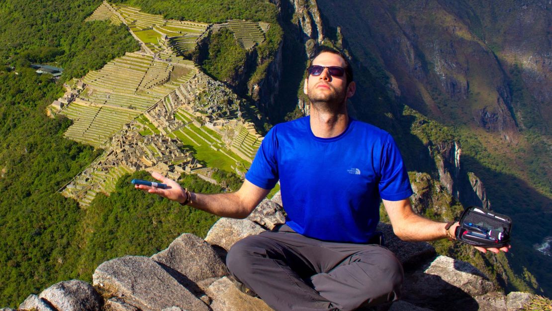 Oren Liebermann at Machu Picchu, Peru, being zen with his insulin kit.