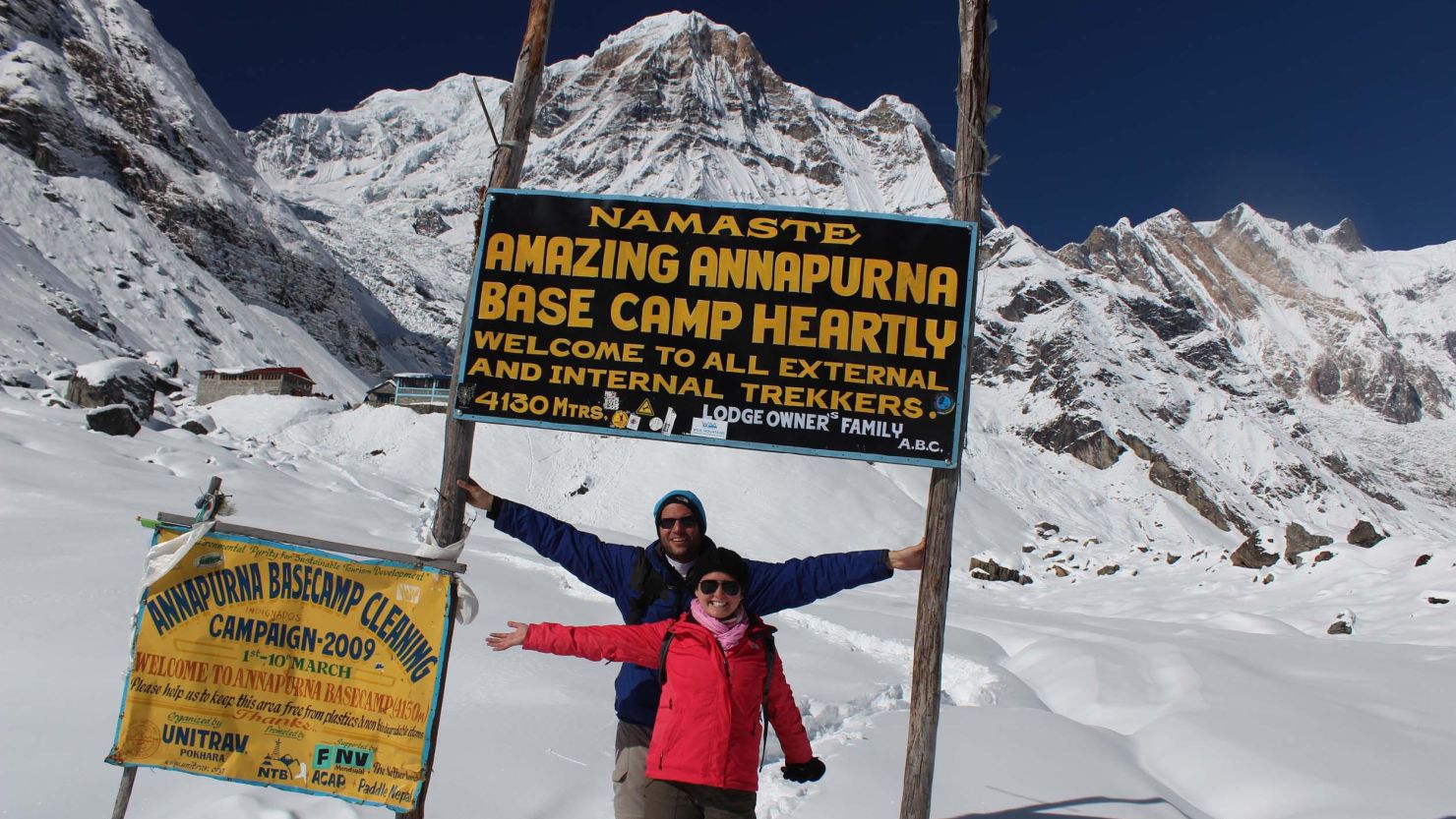 Oren Liebermann and his wife, Cassandra Kramer, at Annapurna Base Camp in Nepal.