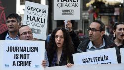 Journalists hold placards reading "journalists will be freed , they will write again" during a demonstration for the World Press Freedom Day on the Istiklal avenue, in Istanbul, on May 3, 2017.
