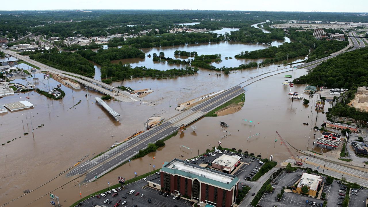 Interstate 44 is covered by floodwater in both directions at the intersection of Highway 141 in St. Louis County, Missouri.
