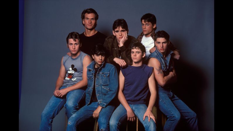 The cast of "The Outsiders" poses for a photo in March 1982. Most of these young actors would later become household names. From left are Emilio Estevez, Patrick Swayze, Ralph Macchio, Matt Dillon, C. Thomas Howell, Rob Lowe and Tom Cruise.