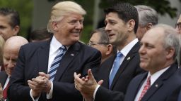 President Donald Trump talks with House Speaker Paul Ryan of Wis., in the Rose Garden of the White House in Washington, Thursday, May 4, 2017, after the House pushed through a health care bill. House Majority Whip Steve Scalise of La. is at left, House Ways and Means Committee Chairman Rep. Kevin Brady, R-Texas is at right. (AP Photo/Evan Vucci)