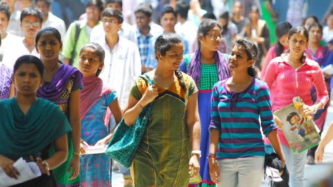 Students coming out an examination center with joyful mood after appearing for the IIT-JEE 2014 main exam at Sanathnagar in Hyderabad on 101Reporters