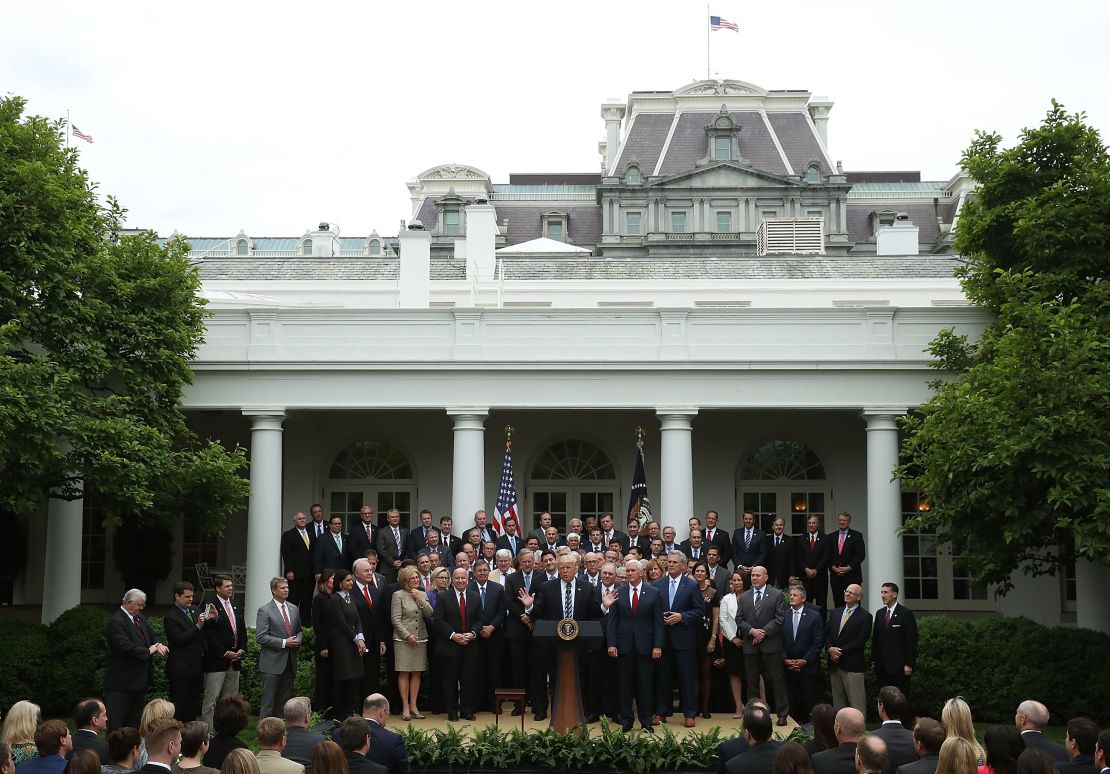 WASHINGTON, DC - MAY 04: U.S. President Donald Trump speaks while flanked by House Republicans after they passed legislation aimed at repealing and replacing ObamaCare, during an event in the Rose Garden at the White House, on May 4, 2017 in Washington, DC. The House bill would still need to pass the Senate before being signed into law. (Photo by Mark Wilson/Getty Images