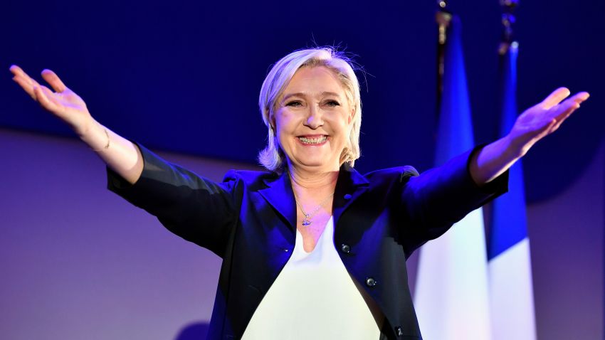 HENIN-BEAUMONT, FRANCE - APRIL 23: National Front leader Marine Le Pen addresses activists at the Espace Francios Mitterrand on April 23, 2017 in Henin Beaumont, France. According to projected results, founder and leader of the political movement 'En Marche !' Emmanuel Macron has received the most votes with National Front Party leader Marine Le Pen in second place, meaning both will now compete against each other in the next round of the French Presidential Elections on May 7. (Photo by Jeff J Mitchell/Getty Images)