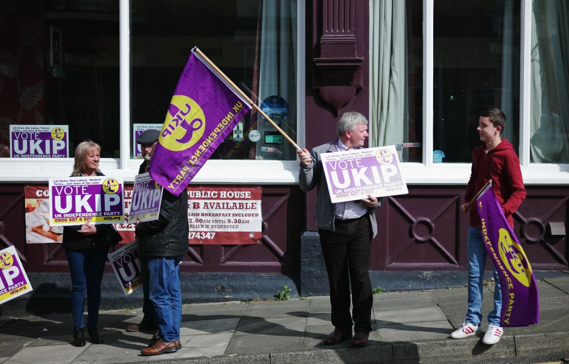 UK Independence Party supporters wait for the arrival of party leader Paul Nuttall in Hartlepool, England.