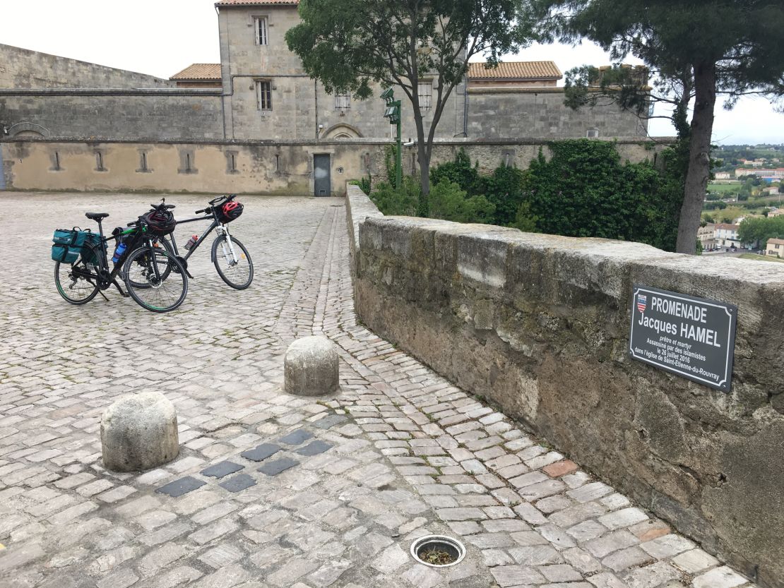 The walkway in front of Beziers' St. Nazaire Cathedral honors Jacques Hamel, who was murdered in his Normandy church in July 2016 as he led mass. 