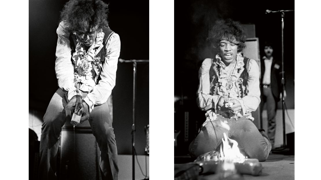 Jimi Hendrix sets fire to his guitar at the Monterey International Pop Festival on June 18, 1967 