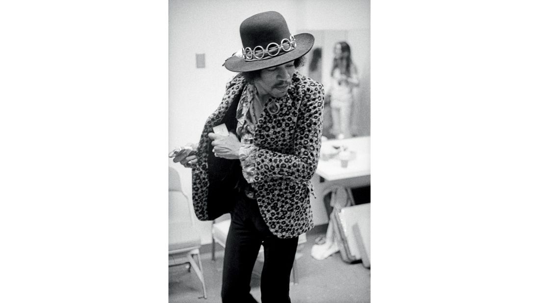 Hendrix backstage before his show at the Anaheim Convention Center in Anaheim, California on February 9, 1968.
