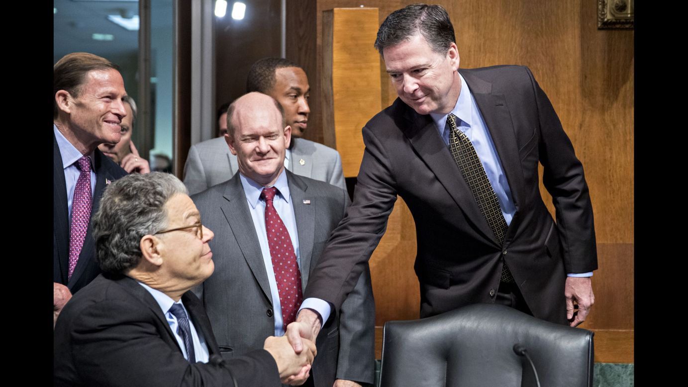 FBI Director James Comey, right, shakes hands with US Sen. Al Franken before testifying in Washington on Wednesday, May 3. Comey <a href="http://www.cnn.com/2017/05/03/politics/james-comey-senate-hearing/" target="_blank">strongly defended his decision</a> to alert Congress -- just days before the 2016 election -- about the FBI's investigation into emails potentially related to Hillary Clinton's personal server. He told the Senate Judiciary Committee that while the idea of impacting the election made him "mildly nauseous," he would not change what he did.