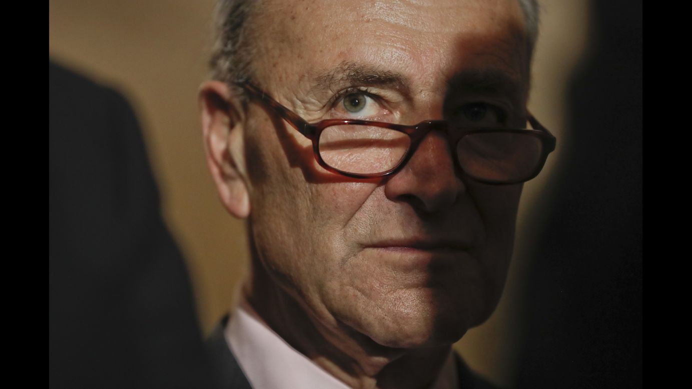 Senate Minority Leader Chuck Schumer listens to reporters' questions in Washington on Tuesday, May 2.