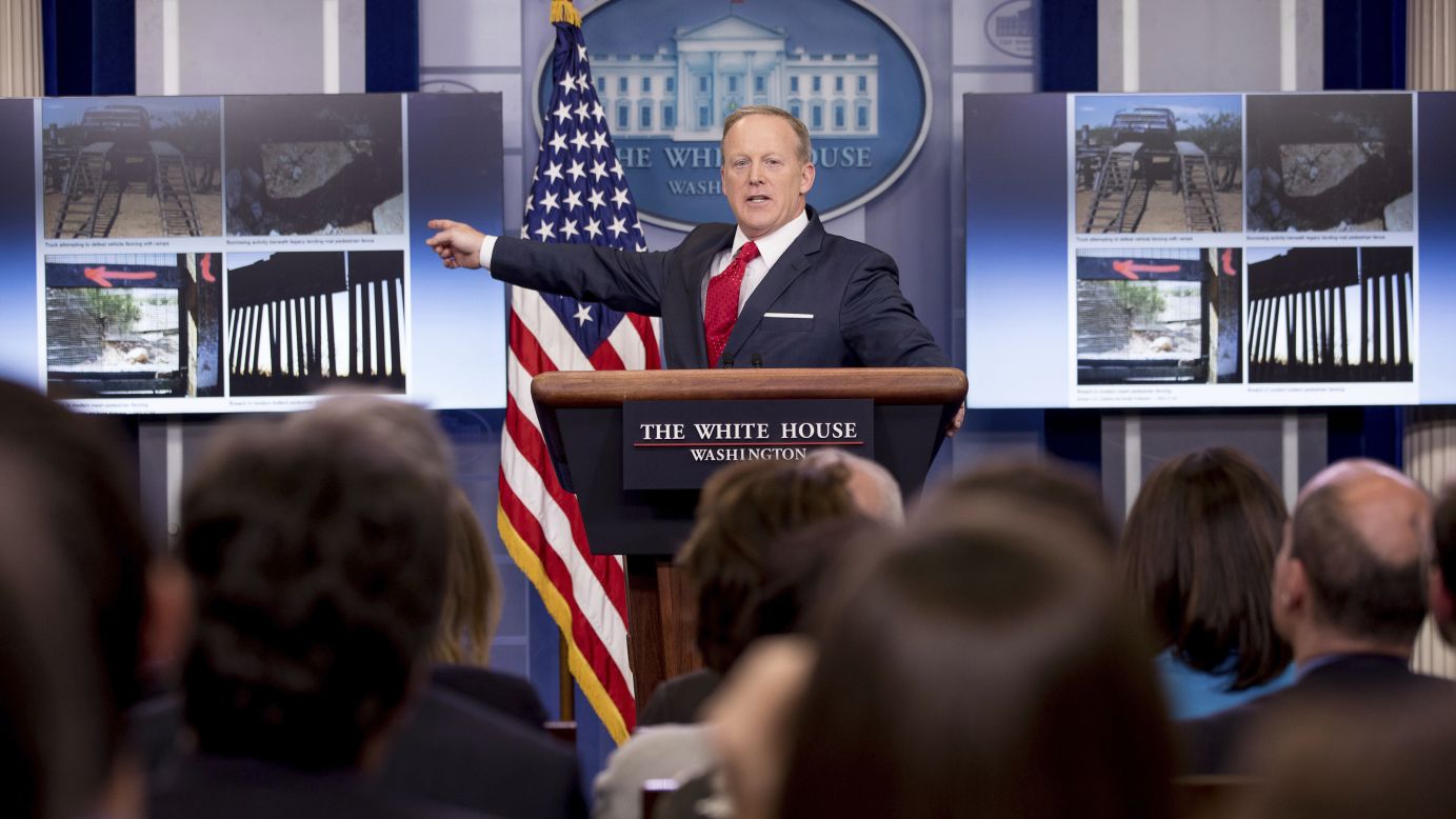 White House press secretary Sean Spicer points to sections of different border walls during a briefing on Wednesday, May 3. The White House says it's going to build a wall along the US-Mexico border with new funding appropriated by Congress. <a href="http://www.cnn.com/2017/05/03/politics/chain-link-fence-not-the-border-fence/" target="_blank">But the improvements planned to existing fences</a> are nothing that past administrations haven't done.