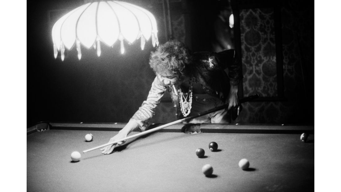Hendrix shoots pool at the Bel Air home of Jon and Michelle Phillips, co-founders of The Mamas & the Papas, on July 1, 1967.