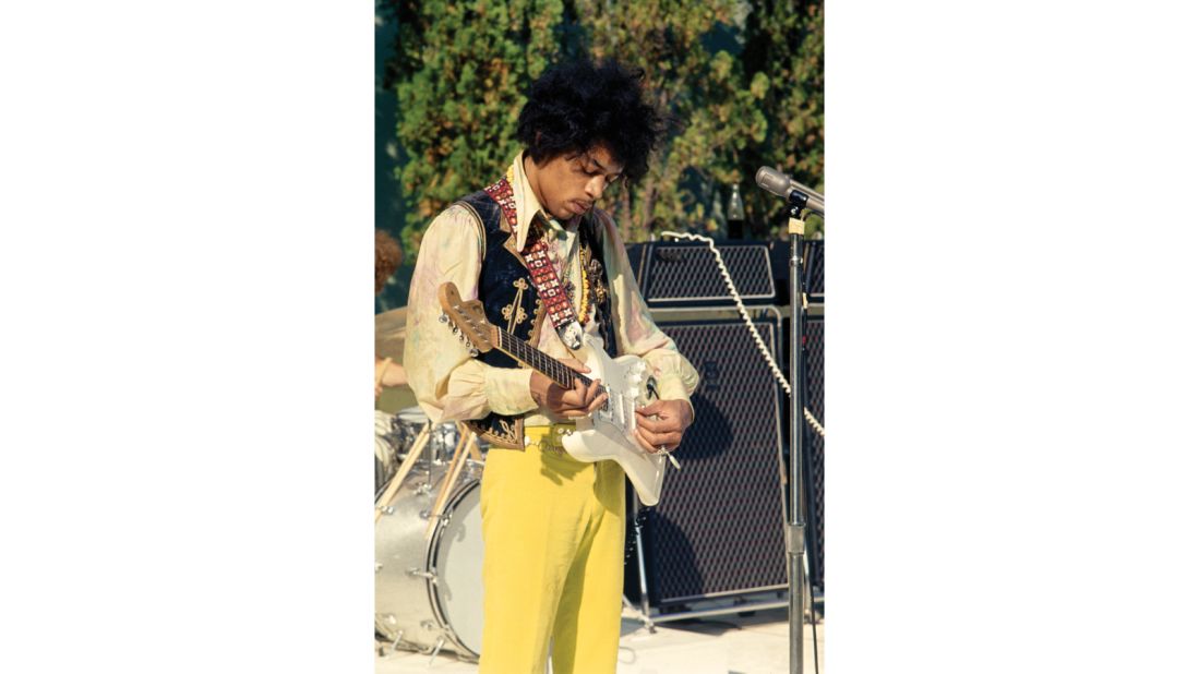 This photo shows Hendrix on stage during a rehearsal ahead of the performance at the Hollywood Bowl on August 18, 1967.<br /><br />"I took color film with me this time. Back then, color was expensive and I didn't have a lot of it. But I'm glad I got these photos -- if only to show how electric the clothes were," Caraeff writes in the book. 