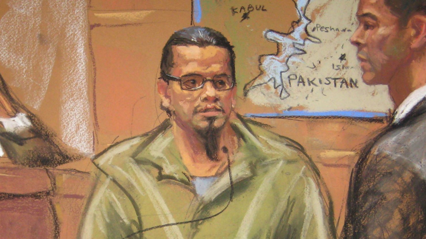 Bryant Neal Vinas, in an artist sketch's sketch from 2012, helped in prosecutions for the US government.